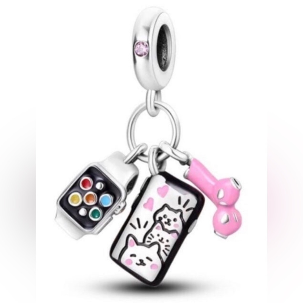 Triple Dangle IPhone, AirPods, Apple Watch Charm For Pandora Braclet Sil…